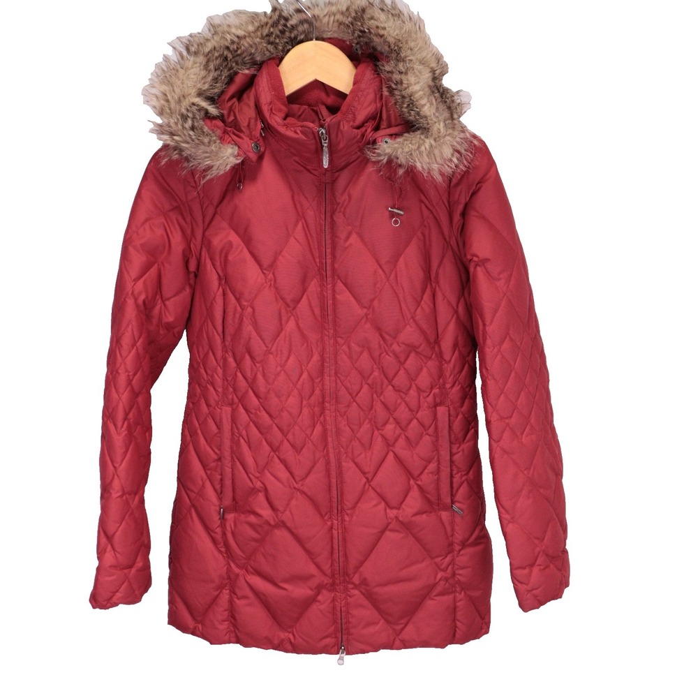 Eddie Bauer Jacket Womens Small Red Quilted Puffer Goose Down Fur Trim Hooded